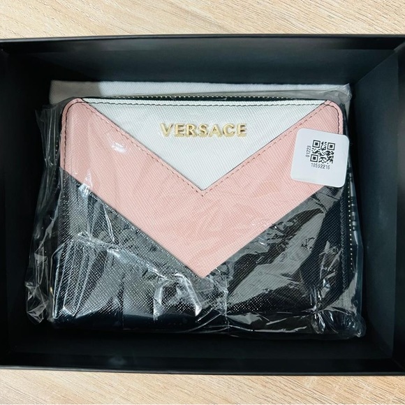 NWT Versace Black/white/pink Calf Leather Medium Zipper Wallet Made in Italy 593 - Picture 3 of 3